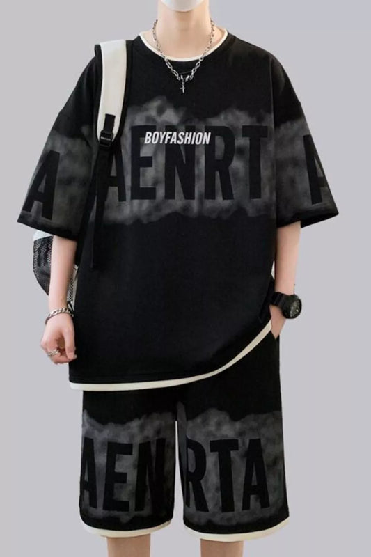 Black men’s tee and shorts set, round neck, oversized printed text on top and shorts