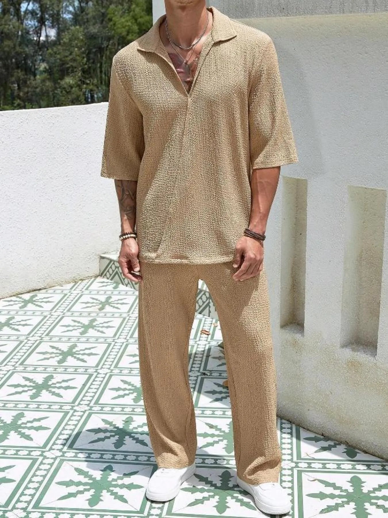 Plus size tan short-sleeve top and pants set, front view with collar