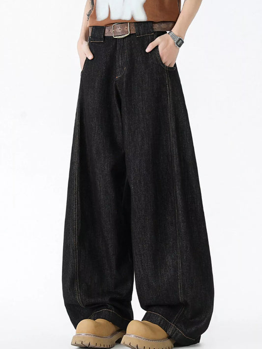 Black wide-leg jeans, high rise waistband with belt loops and front pleats