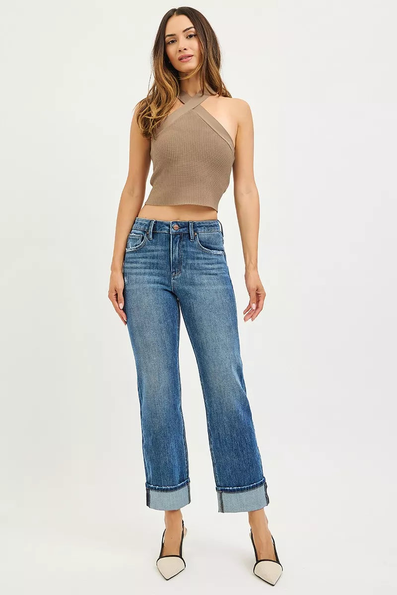 Blue slouchy straight jeans with cuffed hem and button-front closure