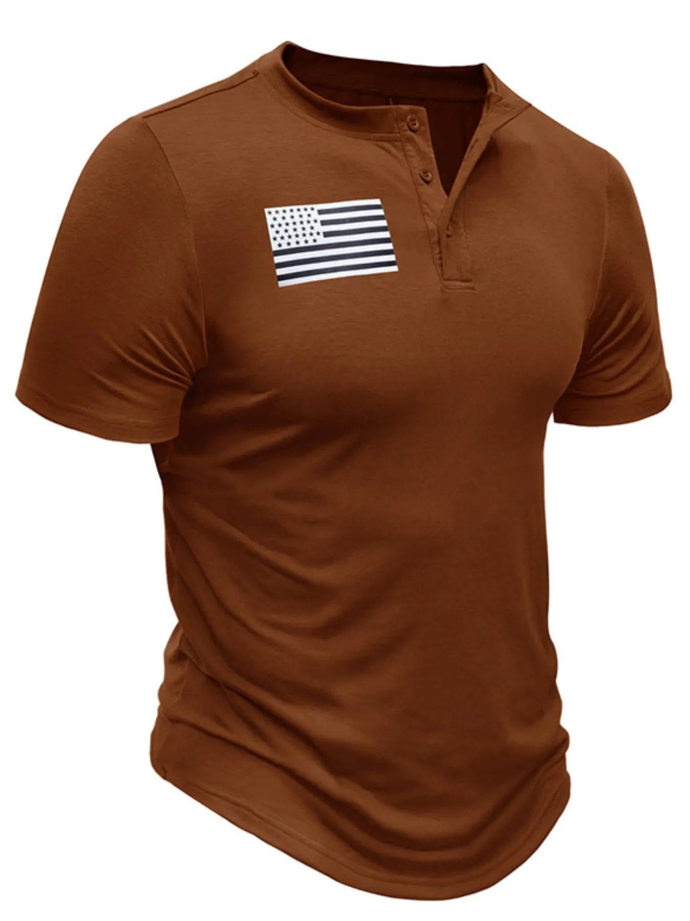 Caramel brown short-sleeve henley top with American flag chest graphic and button placket
