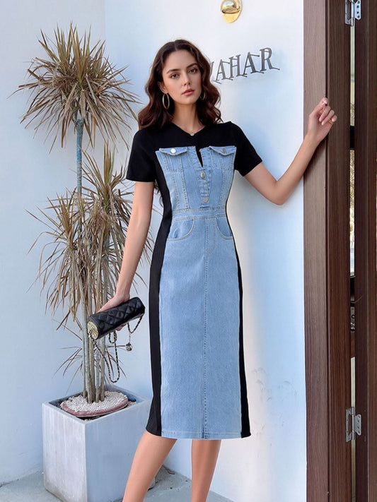Plus size denim patchwork short-sleeve dress, light blue front with black side panels