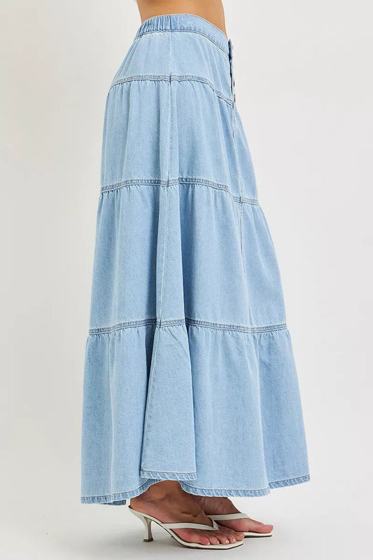 Light blue denim long skirt, tiered ruffle panels and elastic back waistband