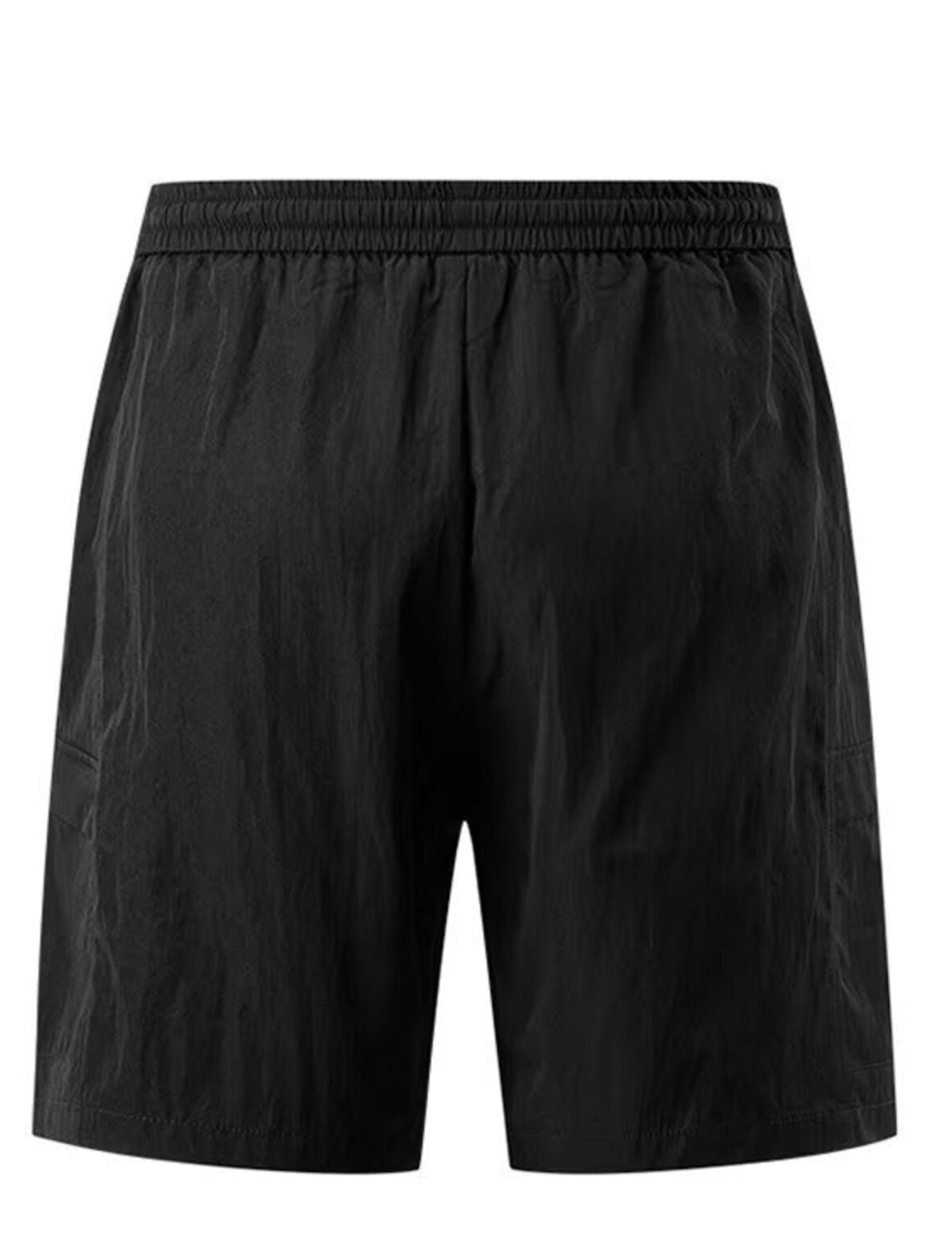 Black relaxed cargo shorts with elastic waist and vertical seaming at the legs