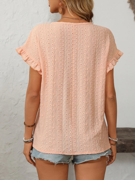 Light pink eyelet round-neck short-sleeve top, back view with flutter sleeves