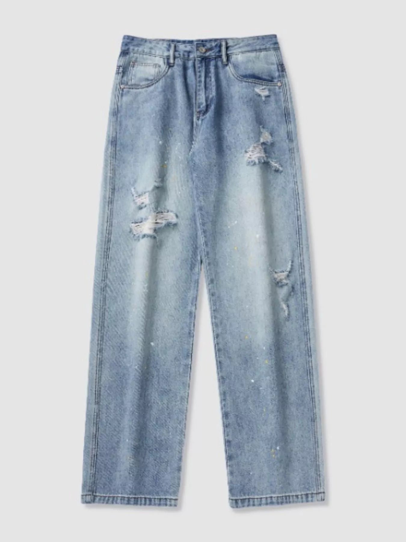 Light blue wide-leg jeans, distressed wash with ripped front panels