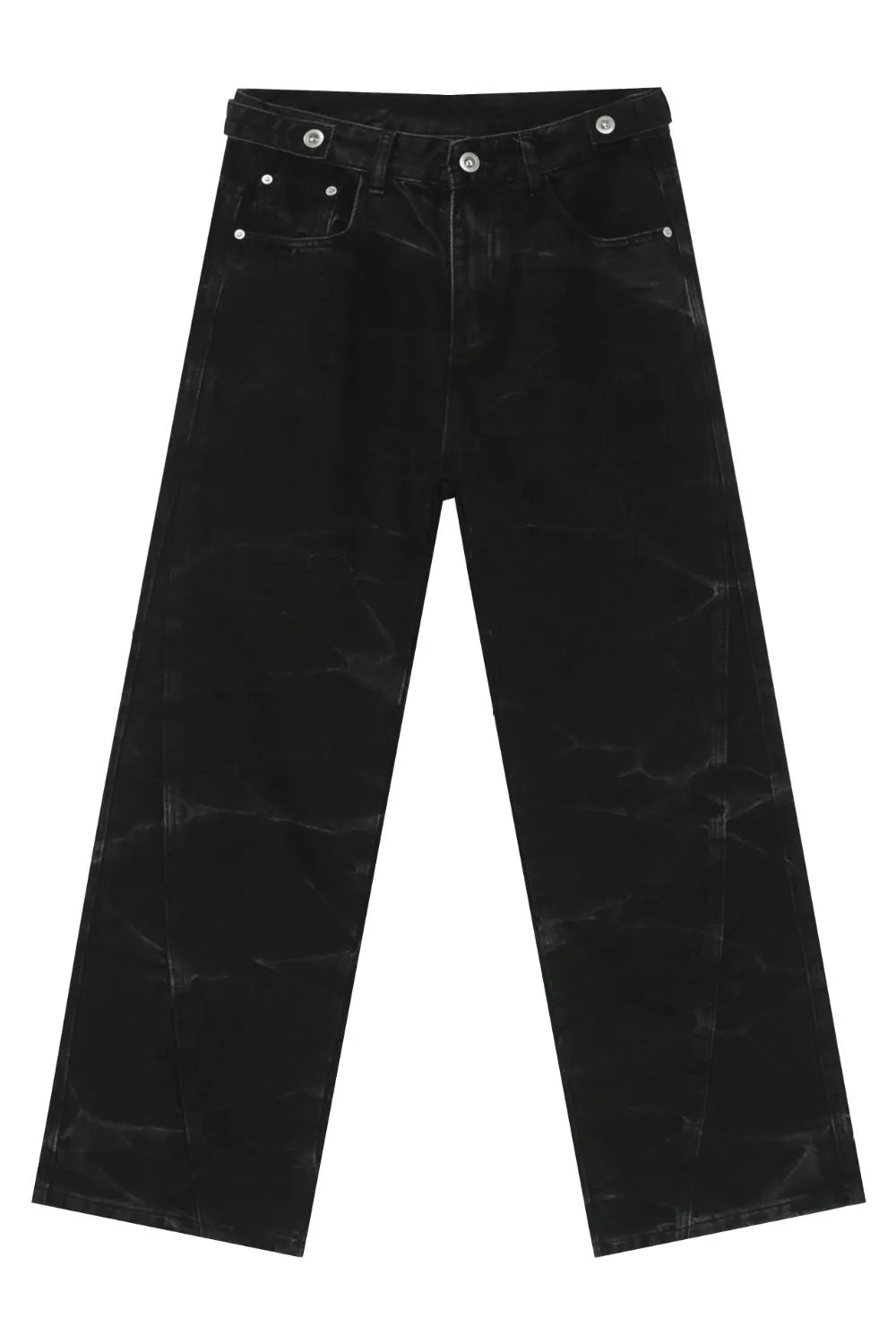 Men's black baggy jeans with pockets, flat lay, button closure and belt loops