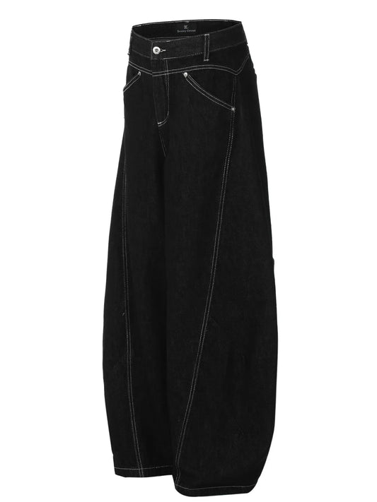 Black wide-leg jeans with contrast stitching, buttoned waistband and front pockets