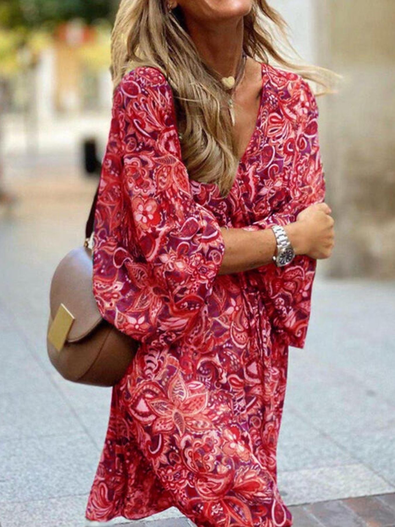Paisley print mini dress with V-neck, long balloon sleeves, red base with white paisley