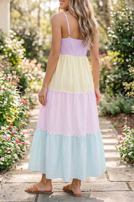Tiered maxi dress with smocked bodice, adjustable spaghetti straps, scalloped bands in pastels
