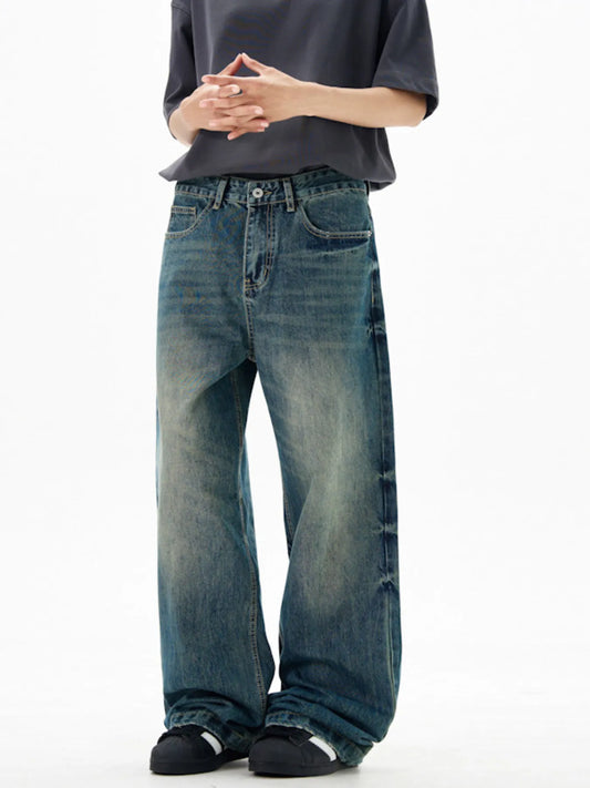 Men's wide-leg jeans, medium-blue wash, belt loops, button fly, wide straight legs