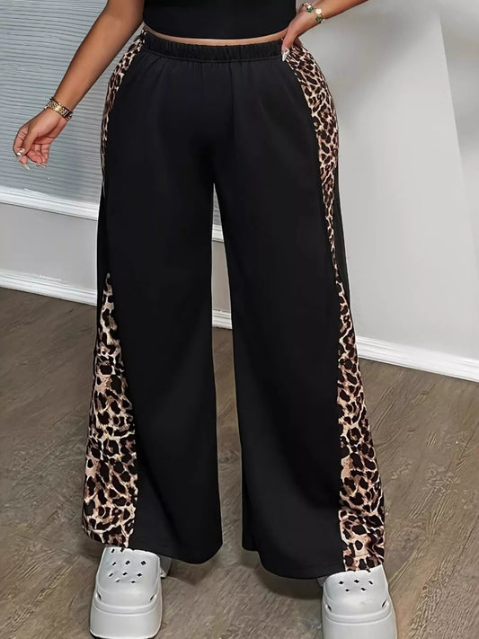 Black wide-leg pants with leopard print side stripes, high-rise elastic waist