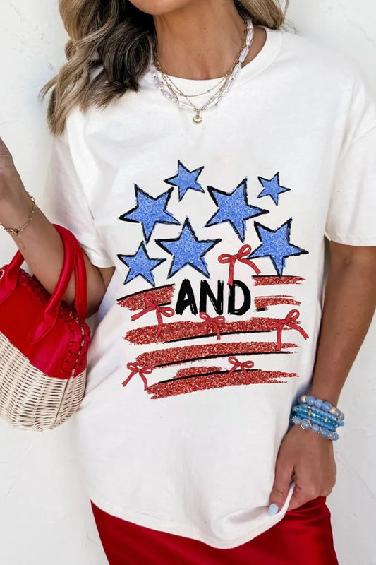 White graphic T-shirt with blue star and red stripe bow front print