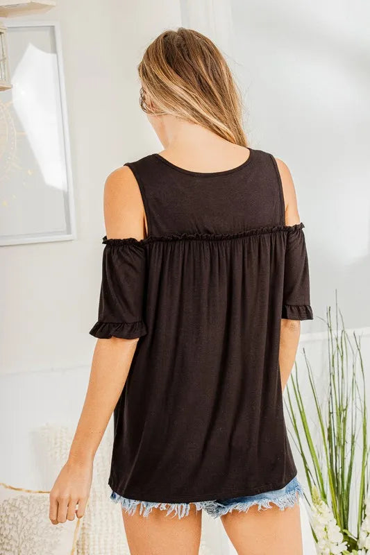 Black cold-shoulder frill T-shirt, gathered yoke and flutter off-shoulder sleeves
