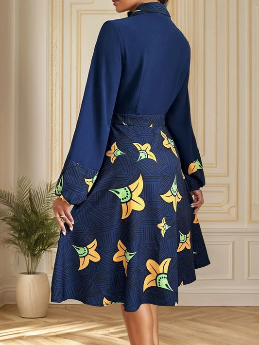 Dark blue long-sleeve midi dress with floral print, back view