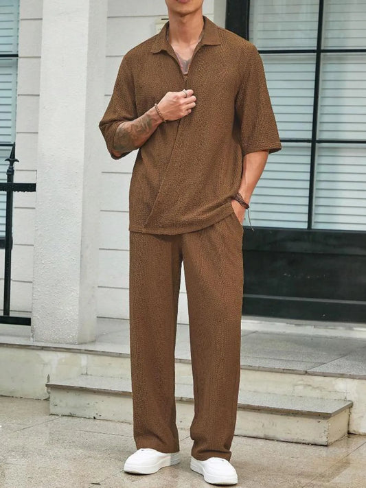 Men's plus size half-sleeve top and pants set, brown collared shirt with matching wide-leg pants