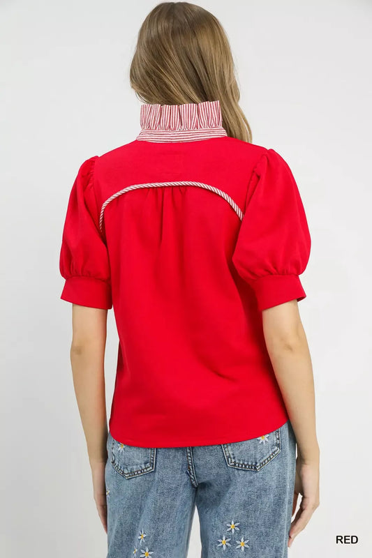 Red striped-collar popover top, back view with elastic collar and gathered yoke