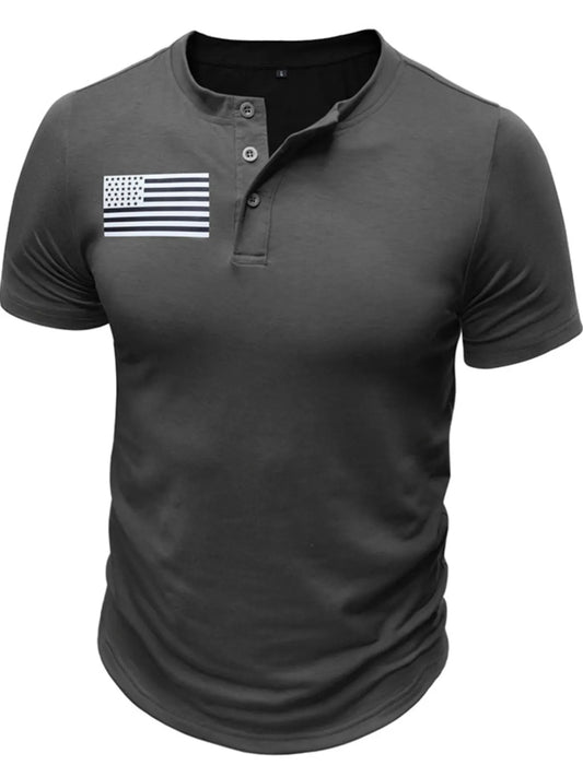 Gray short-sleeve henley top with American flag chest graphic and button placket