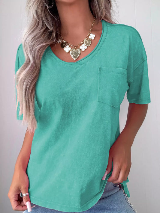 Turquoise mineral-wash cotton T-shirt, V-neck and short sleeves