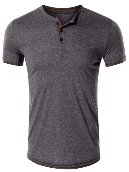 Dark gray henley short sleeve shirt with button placket and curved hem
