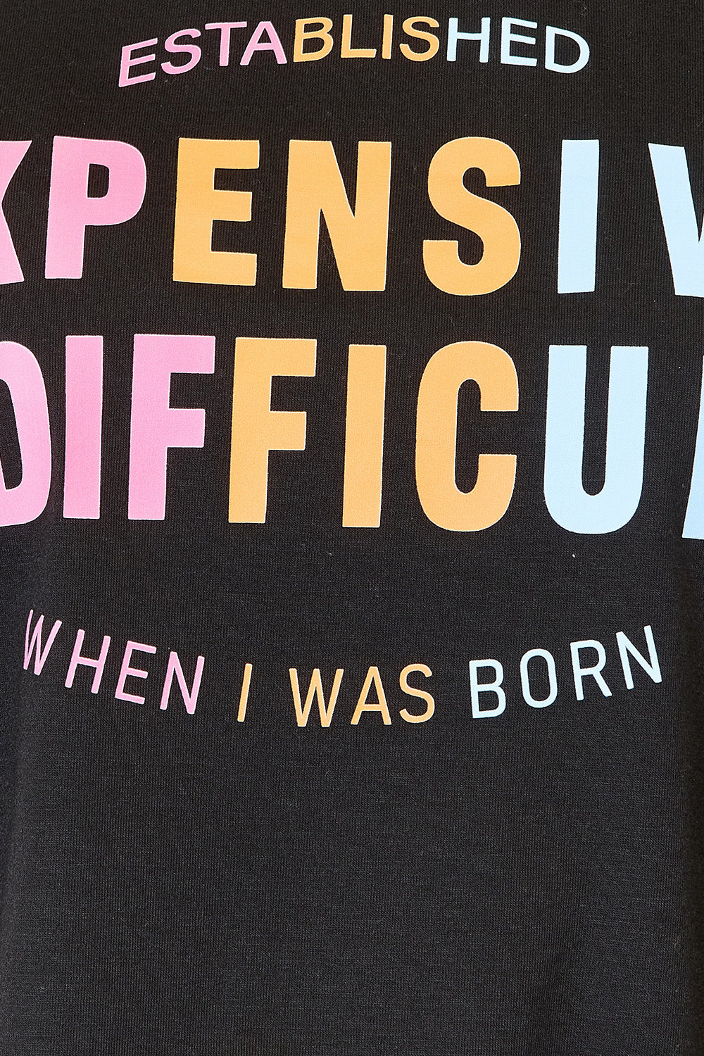 Close-up of black T-shirt slogan graphic text, established and when I was born