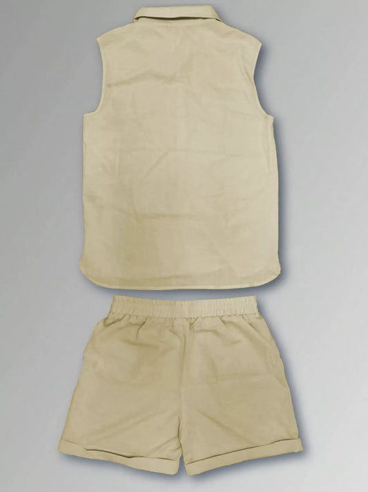Men's plus size sleeveless button-front vest and matching shorts set, light beige, back view
