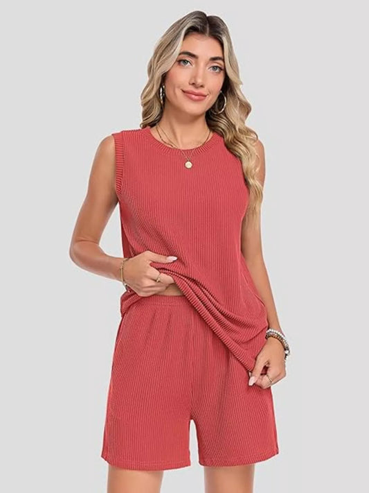 Red ribbed knit sleeveless top and shorts set with matching round neckline and hem