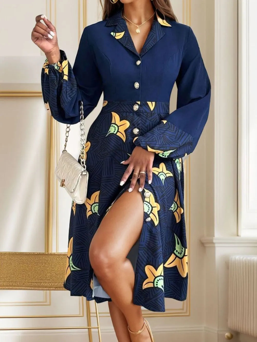 Dark blue collared long-sleeve button midi dress with floral print and side slit