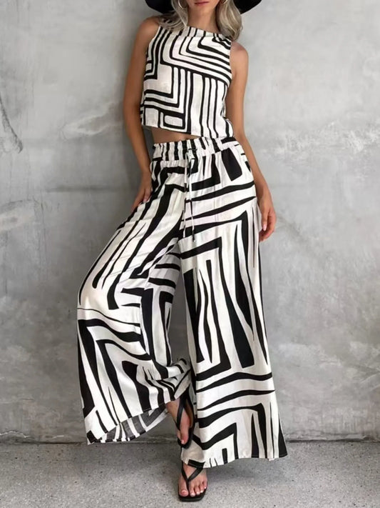 Sleeveless crop top and wide-leg pants set with bold geometric black-and-white print