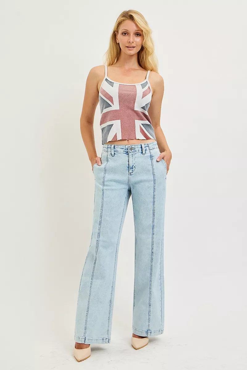 Light blue wide-leg jeans with front fly, belt loops, and relaxed wide legs