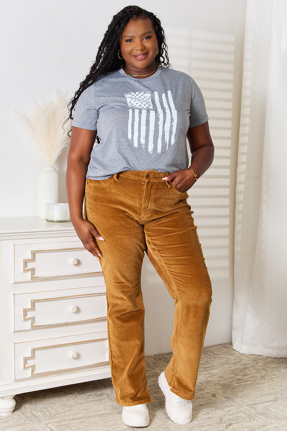 Gray graphic t-shirt with white US flag print, front full view, short sleeves