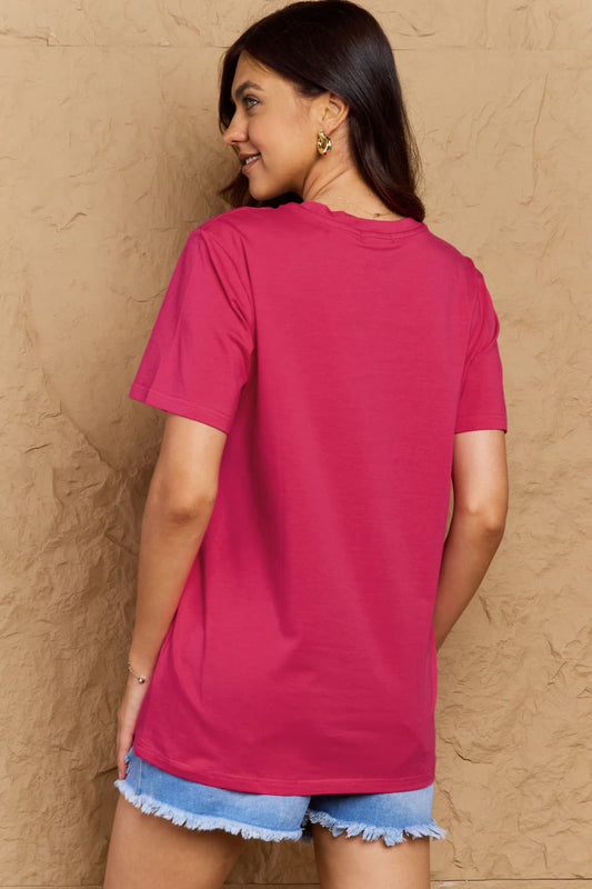 Hot pink cotton graphic tee with crew neck, short sleeves, plain back