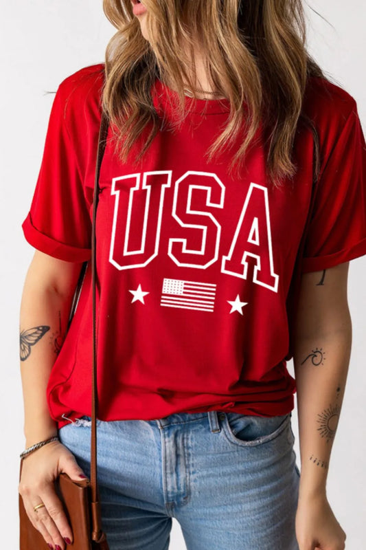 Red crewneck T-shirt with large white USA graphic and stars on back