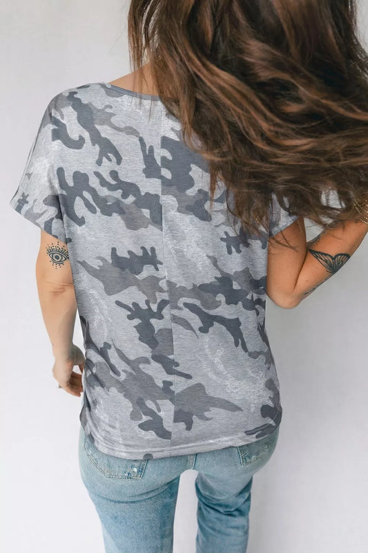 Gray camo print casual T-shirt, back view, crew neck and short sleeves