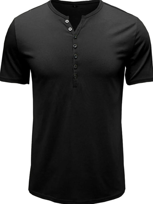 Men's henley polo shirt in dark gray/black, short sleeves, button placket at neckline.