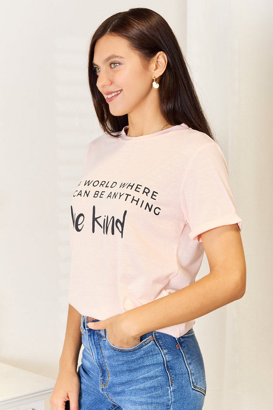Blush pink slogan T-shirt with “be kind” graphic, crew neck, short sleeves
