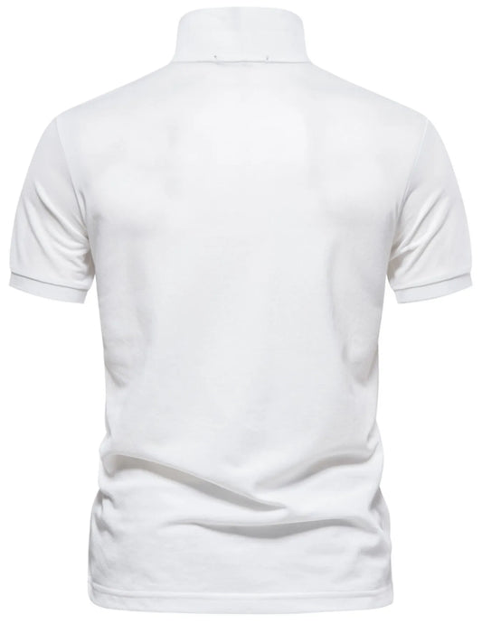 White men's polo shirt back view with short sleeves and knit collar