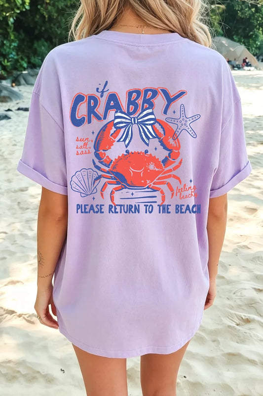 Lavender T-shirt with back graphic: CRABBY crab, sea stars, and beach slogan