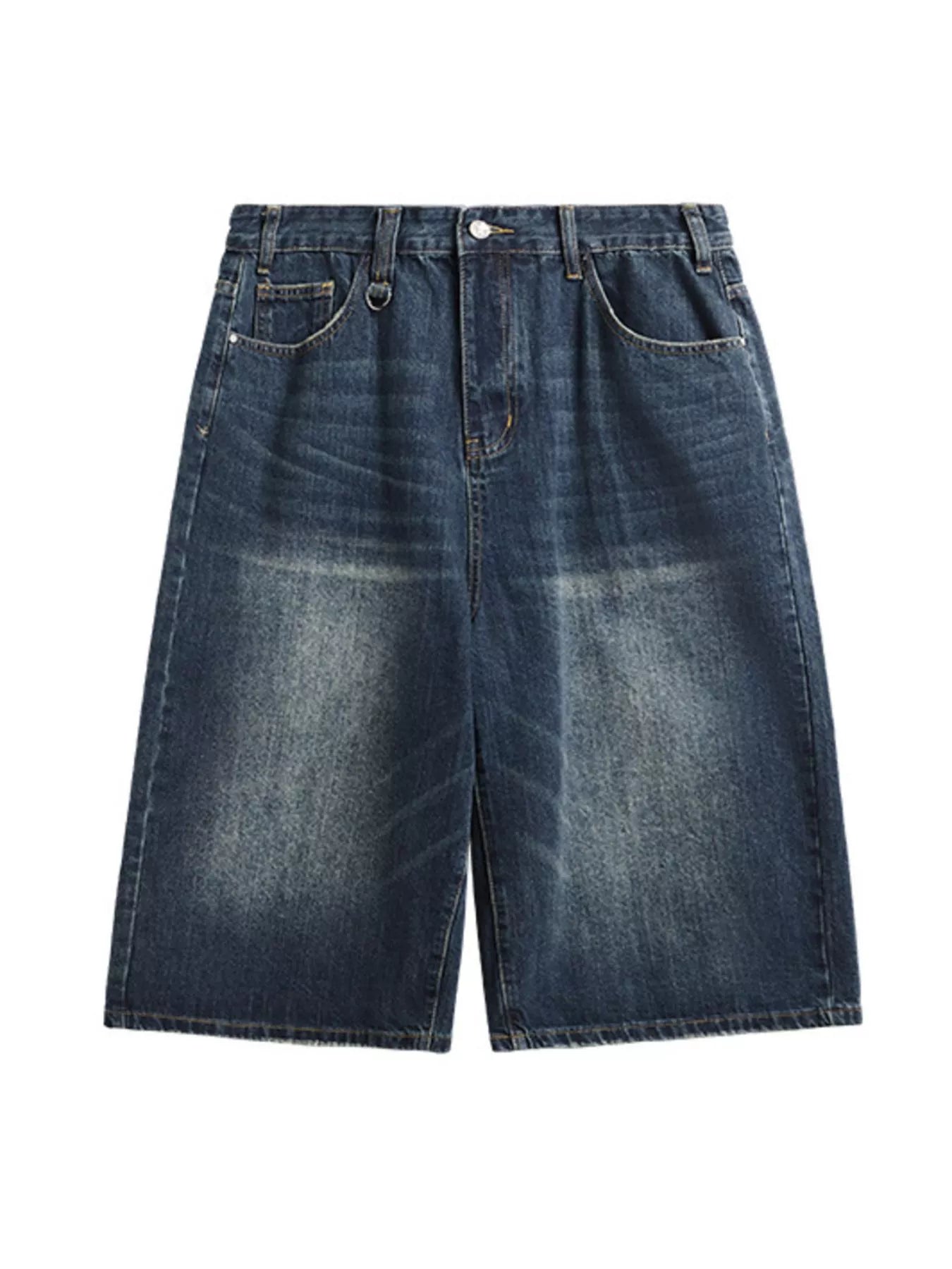 Washed wide-leg denim shorts in deep teal, relaxed wide-leg fit and button fly