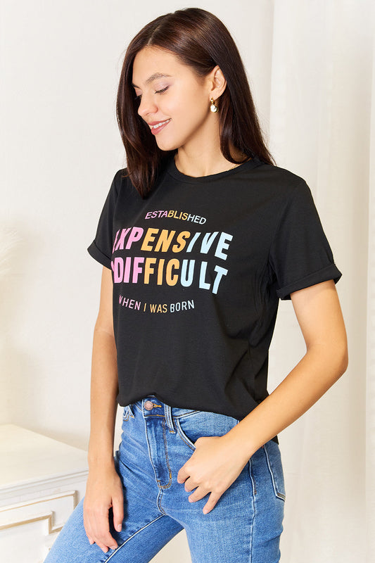 Black crewneck T-shirt with slogan graphic and short sleeves