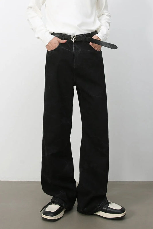 Men's black baggy jeans with pockets, fly front, wide straight legs