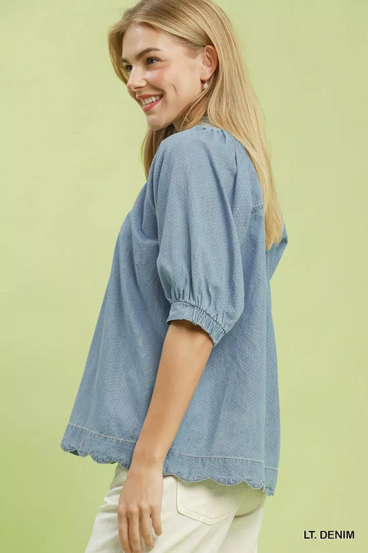 Light denim puff-sleeve blouse with V-neck and scalloped edge hem