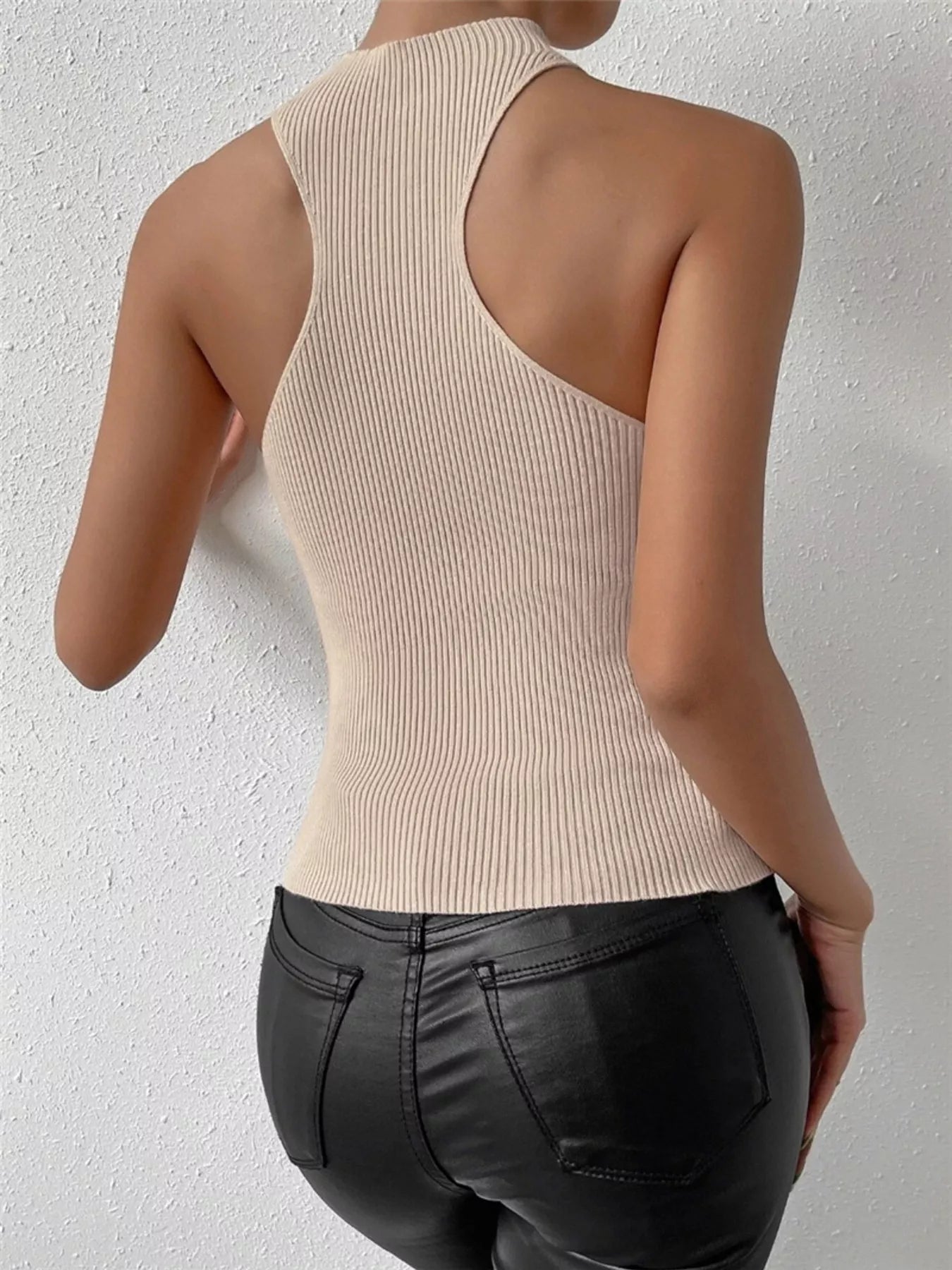 Khaki ribbed knit halter neck cami, open back sleeveless fitted top