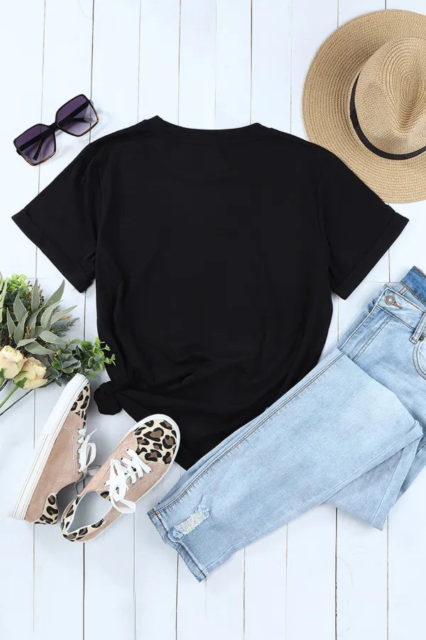 Black short-sleeve round neck T-shirt, plain back without graphic