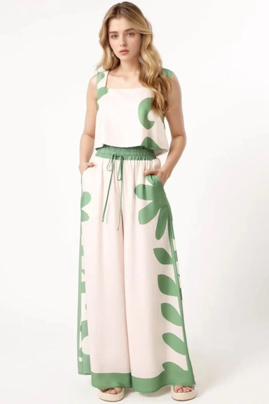Cream tank top and wide-leg pants set with sage leaf print, elastic waist and ties