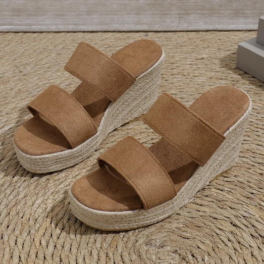 Camel open-toe platform wedge sandals with crisscross wide straps