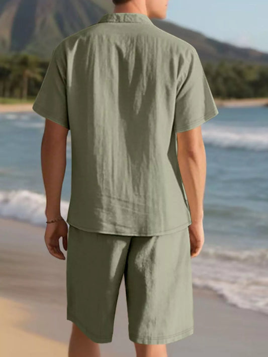 Army green short-sleeve button-up shirt and shorts set, back view