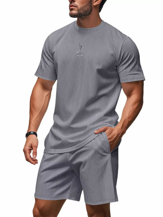 Dark gray striped short-sleeve top and matching shorts set for men