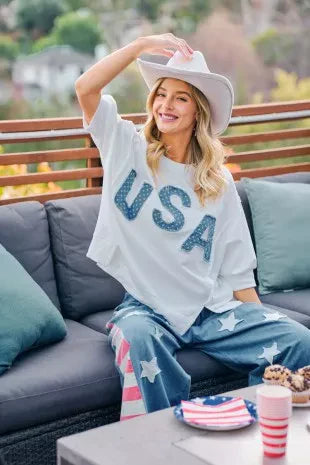 Ivory USA letter patchwork French terry top with short sleeves and crew neck