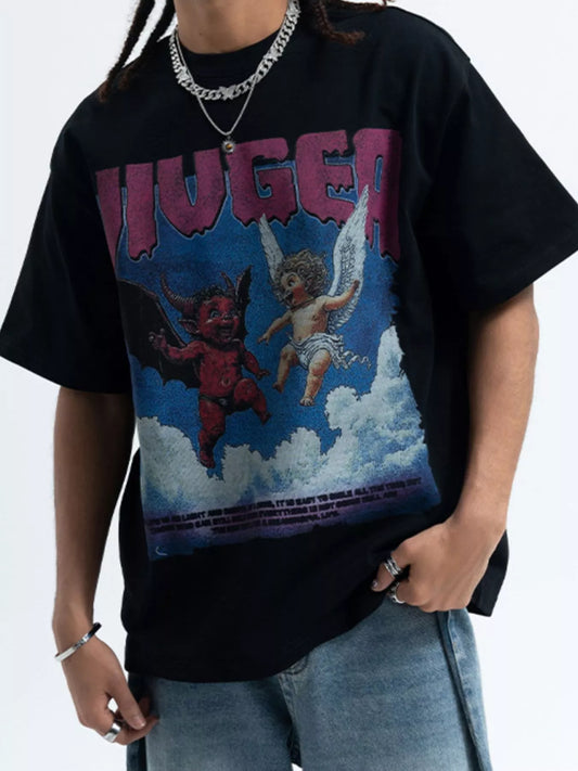 Men's black graphic round-neck short-sleeve T-shirt with large colorful front artwork